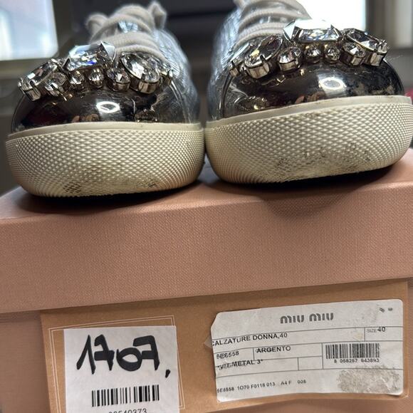 Miu Miu Silver Perforated Leather Crystal Toe Cap Sneakers - Picture 3 of 12